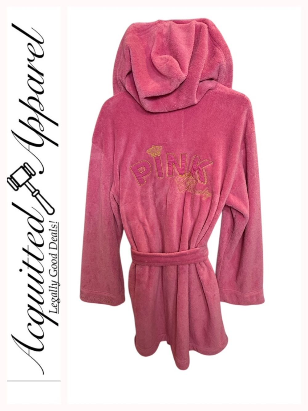 PINK Victoria's Secret Girls Plush Hooded Robe in Rose Pink with Gold Embroidery